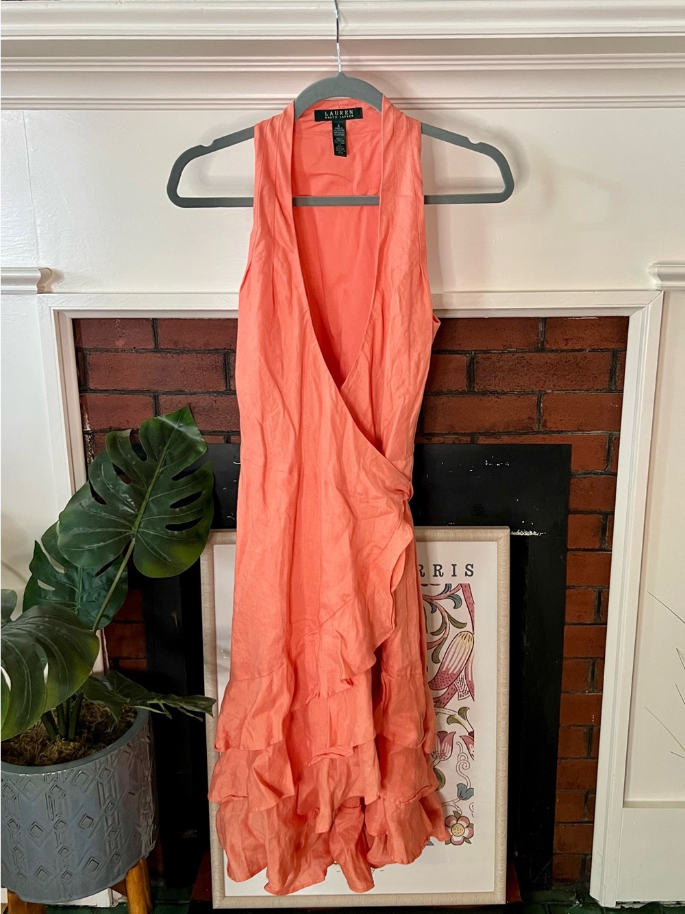 Ralph Lauren Linen Wrap Tiered A-Line Ruffle V Neckline Midi Dress Size 6